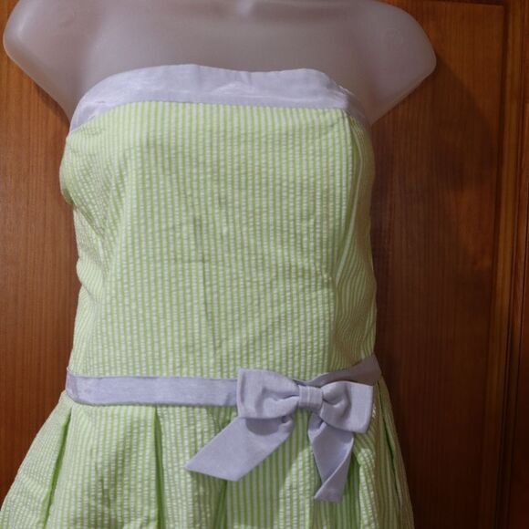 Talbots Vintage y2k Seersucker Green Striped Strapless Dress Pin Up 14 - Picture 6 of 15
